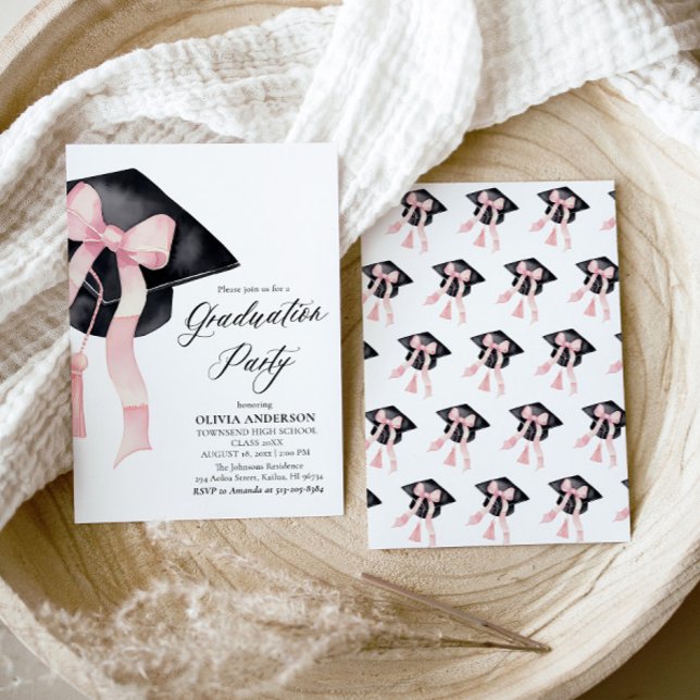 Invitation Moderne Elégant tendance Stylish Bow (Watercolor Modern Elegant Trendy Stylish Pink Bow Graduation Invitation)