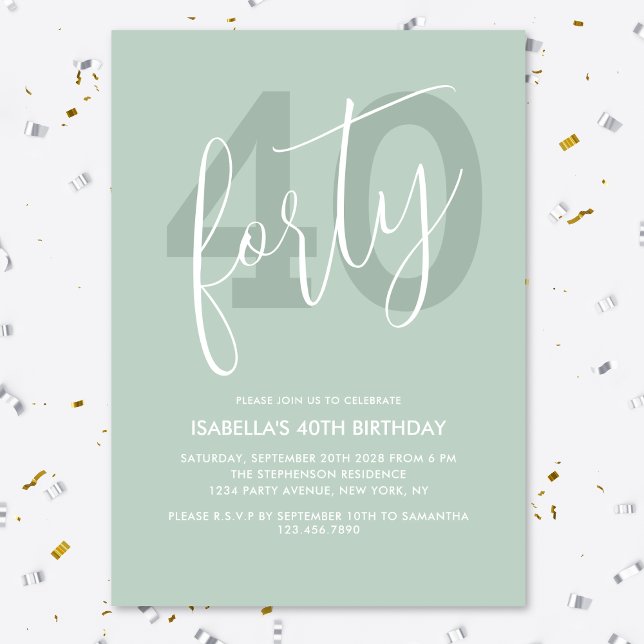 Invitation Moderne Élégant Vert Clair Blanc Script 40ème (Créateur téléchargé)