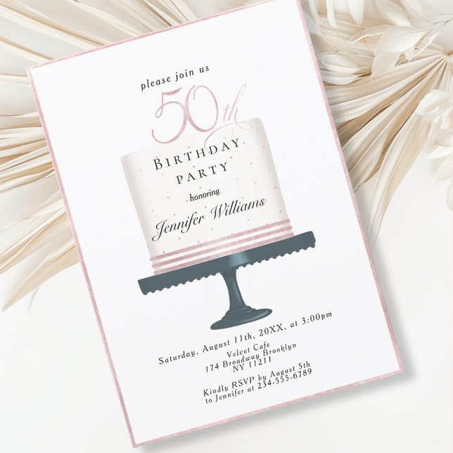 Invitation Moderne élégante 50 ans (Modern, elegant, luxury, white & pink, 50. birthday invitation with cake illustration.)
