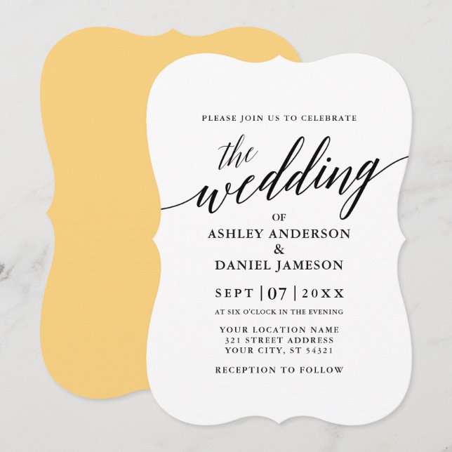 Invitation Moderne Élégante calligraphie Mariage Jaune (Devant / Derrière)