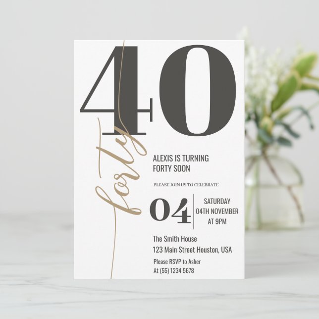 Invitation Moderne élégante calligraphie QUARANTE 40e anniver (Debout devant)