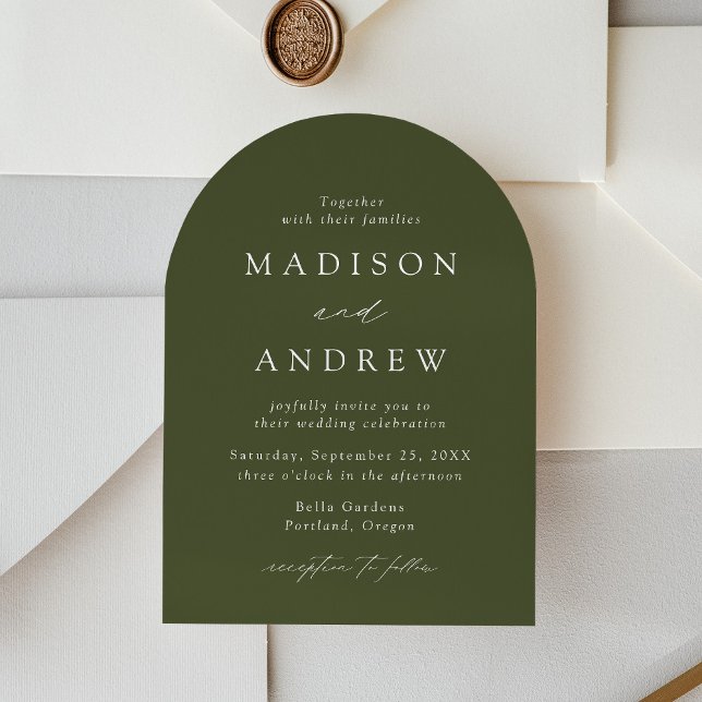 Invitation Moderne Élégante Écriture Arc de Mariage Vert Oliv (Créateur téléchargé)