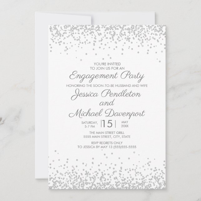 Invitation Moderne Élégante Fiançailles Paillettes Argentées  (Devant)