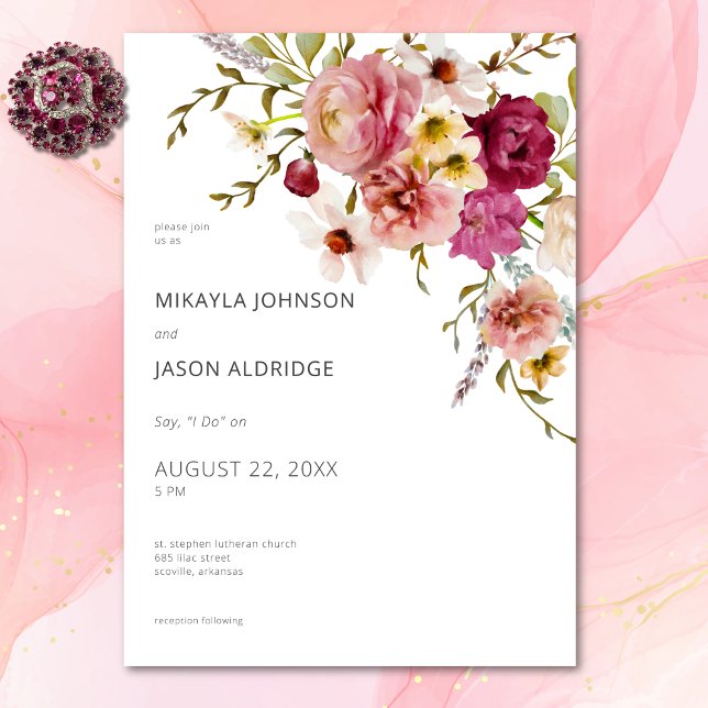 Invitation Moderne Elégante prairie Meadow Floral Blanc Maria (Modern Elegant Summer Meadow Floral White Wedding Invitation)