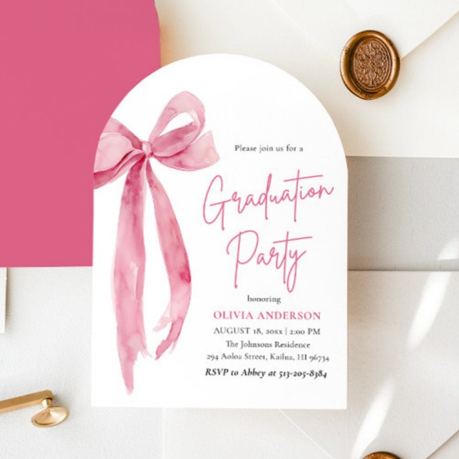 Invitation Moderne élégante tendance Pink Bow Graduation Arch (Modern Elegant Trendy Pink Bow Graduation Arched Invitation)