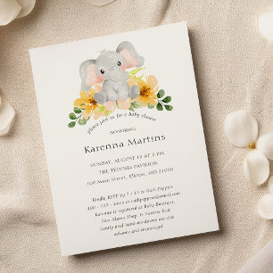 Invitation Moderne Eléphant Floral Genre Baby shower neutre