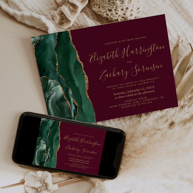 Invitation Moderne Emerald Green Gold Agate Mariage Bourgogne (Créateur téléchargé)