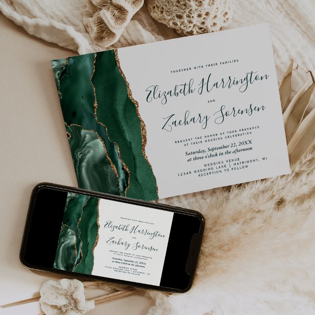 Invitation Moderne Emerald Green Gold Agate Mariage de script (Créateur téléchargé)