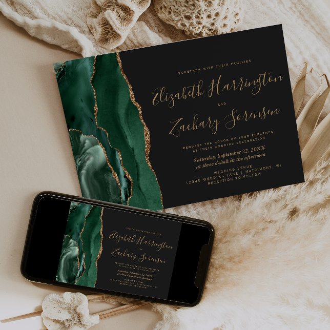 Invitation Moderne Emerald Green Or Agate Mariage foncé (Créateur téléchargé)