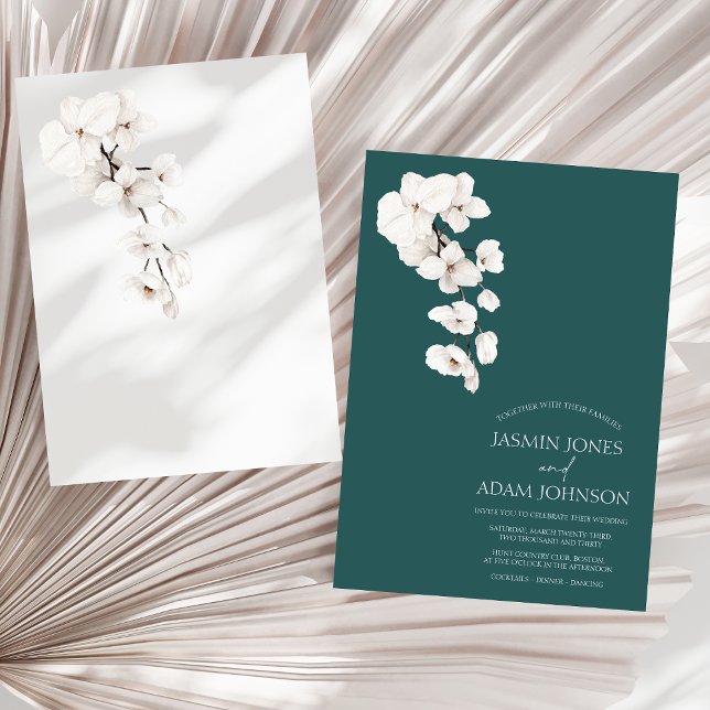 Invitation Moderne Emerald Green Orchidées Blanches Fleurs Ma (Modern Emerald Green White Orchids Flowers Wedding Invitation)