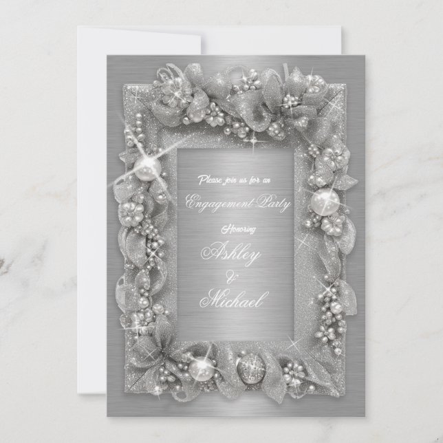 Invitation moderne engagement chic en argent feuille de pearl (Devant)