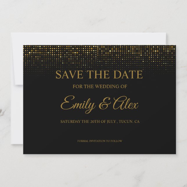 Invitation moderne Enregistrer la Date Paillettes Noir & Or  (Devant)