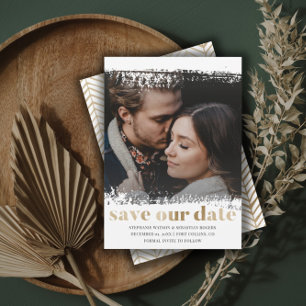 Invitation Moderne Enregistrer notre date Photo Or & Blanc
