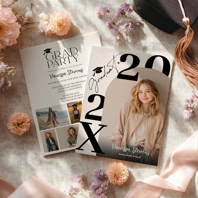 Invitation Moderne et audacieux, noir et blanc, tendance, 6 p (Modern Bold Black white Trendy 6 photos graduation Invitation)