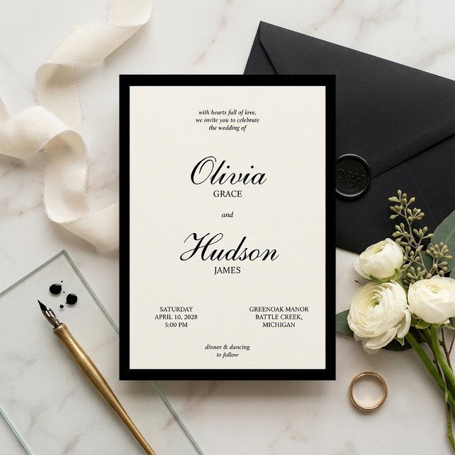 Invitation Moderne et Élégant Mariage avec Bordure Noire et É (Elegant Wedding Invitation)