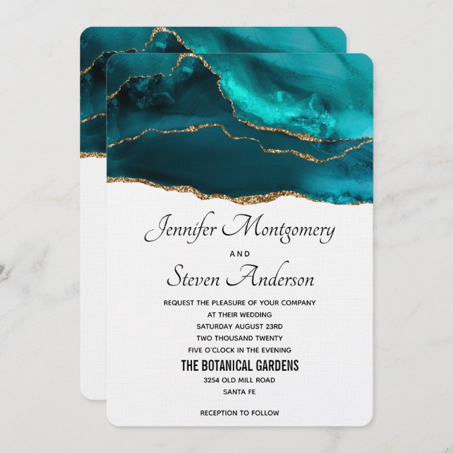Invitation Moderne et élégant Turquoise Or & Blanc Agate Mari (Devant / Derrière)