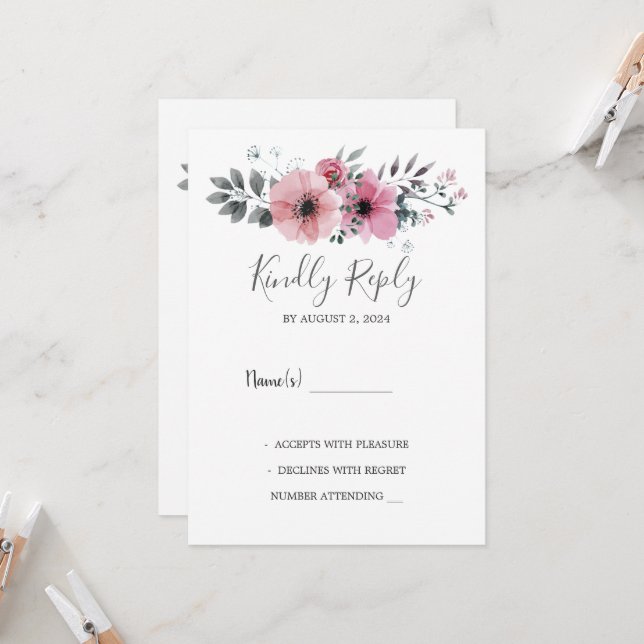 Invitation Moderne et élégante aquarelle fleurs Mariage RSVP (Devant/Arrière en situation)
