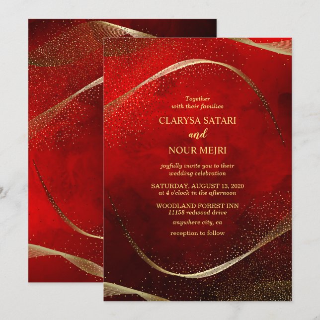 Invitation moderne et élégante en or et rouge (Devant / Derrière)