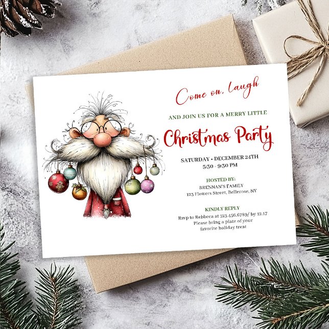 Invitation moderne et fantaisiste de Noël à l'aqua (Modern Quirky Santa Watercolor Christmas Invitation)