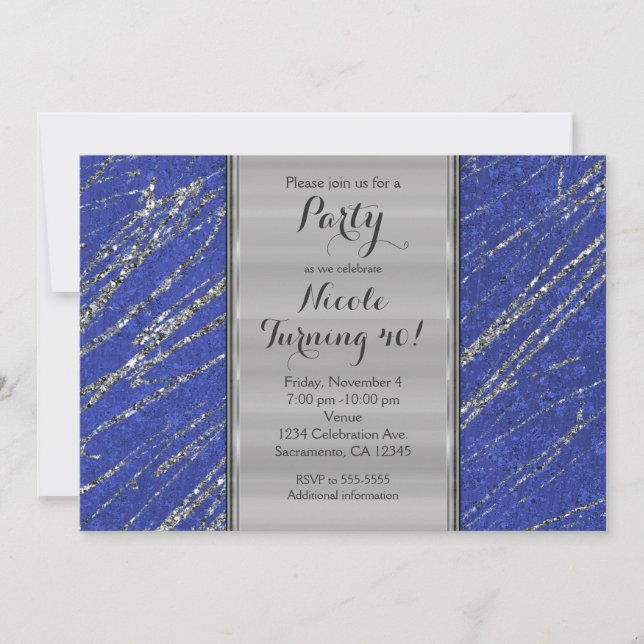 Invitation moderne et glamour bleu et argent à ray (Devant)