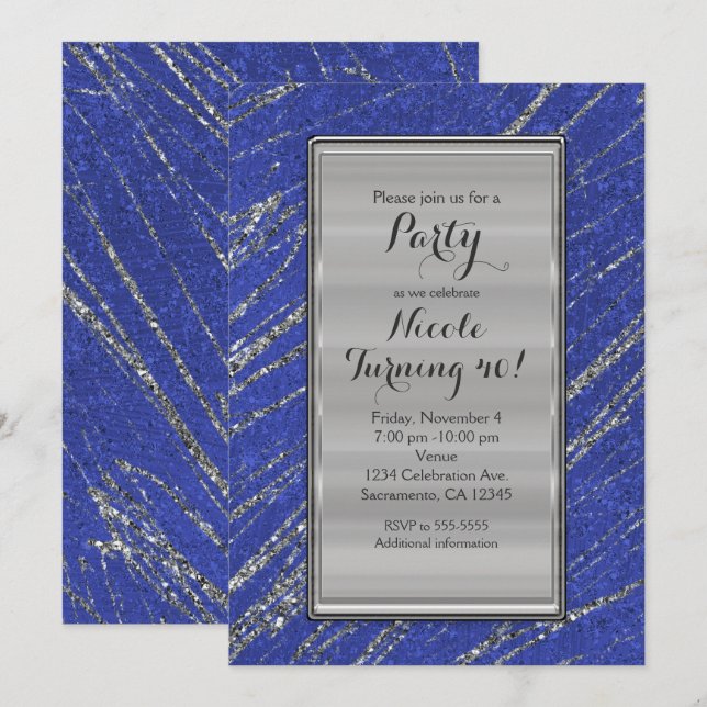 Invitation moderne et glamour bleu et argent à ray (Devant / Derrière)