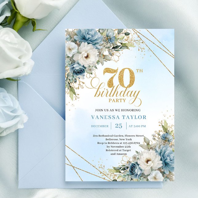 Invitation Moderne eucalyptus bleu poussiéreux or 70e anniver (Modern dusty blue eucalyptus gold 70th birthday invite

)