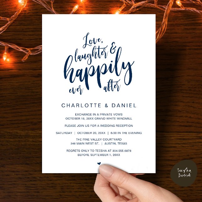 Invitation Moderne Faire-Defaire Script Heureux Pour Toujours (Modern Rustic Script Love Laughter and Happily Ever After Wedding Invitation Card in Navy Blue)