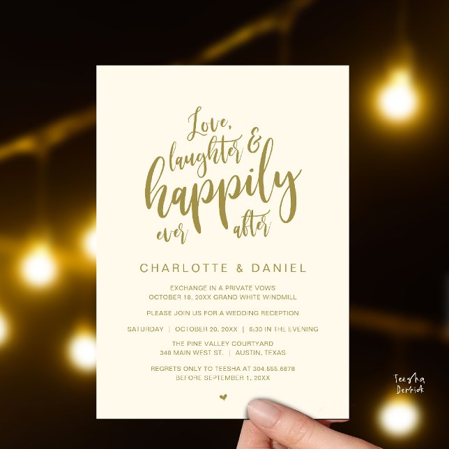 Invitation Moderne Faire Mariage Script Heureux Pour Toujours (Modern Rustic Script Love Laughter and Happily Ever After Wedding Invitation Card in Gold Cream)