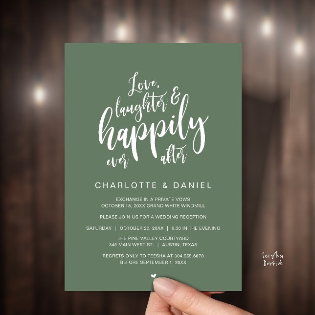 Invitation Moderne Faire Mariage Script Heureux Pour Toujours (Modern Rustic Script Love Laughter and Happily Ever After Wedding Invitation Card in Sage Green)