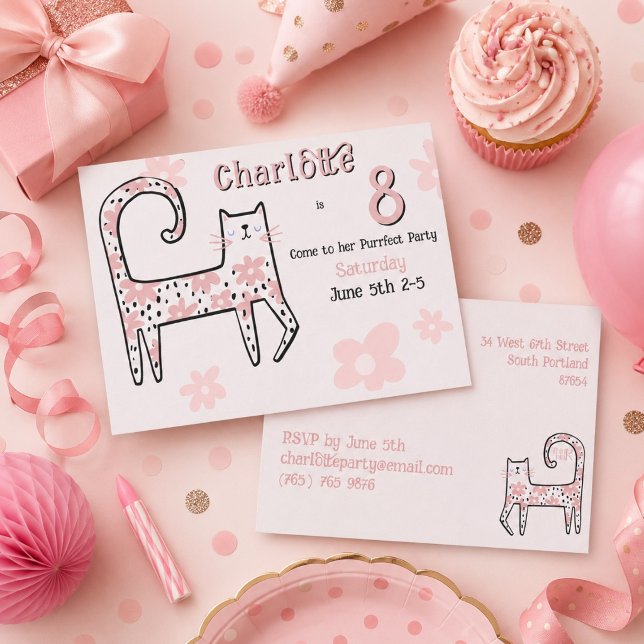 Invitation Moderne Fantaisie Rose Chat Parfait 8e Anniversair (Créateur téléchargé)