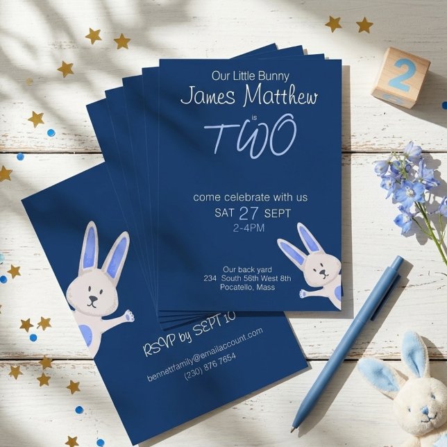 Invitation Moderne Fantaisiste Lapin Bleu 2ème Anniversaire (Créateur téléchargé)