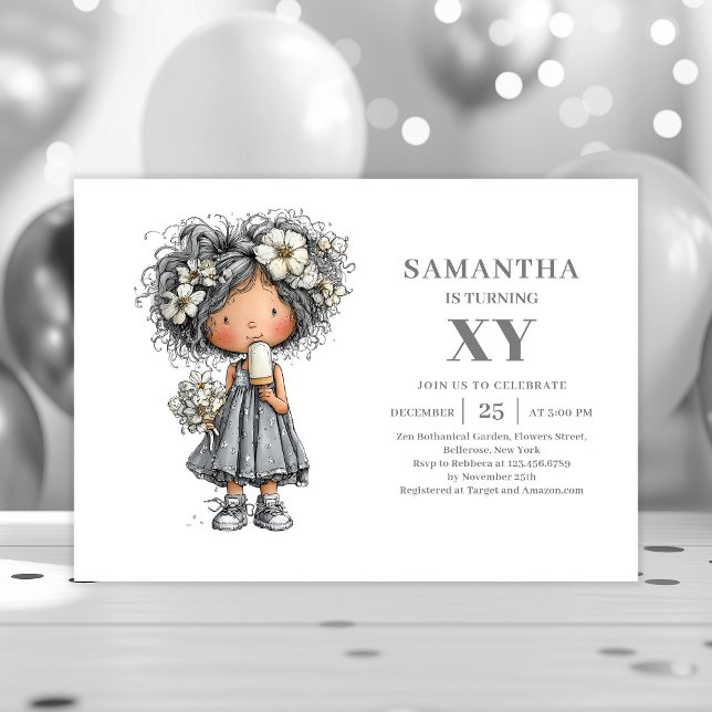 Invitation moderne fantaisiste pour l'anniversaire (Modern Whimsical Girl Birthday Gold Black invitation)
