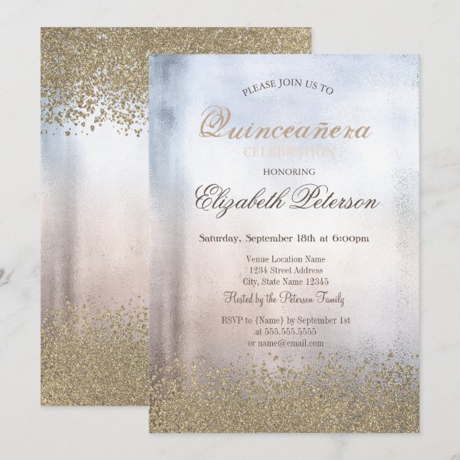 Invitation Moderne Faux Diamants Dorés Métalliques Quinceañer (Devant / Derrière)