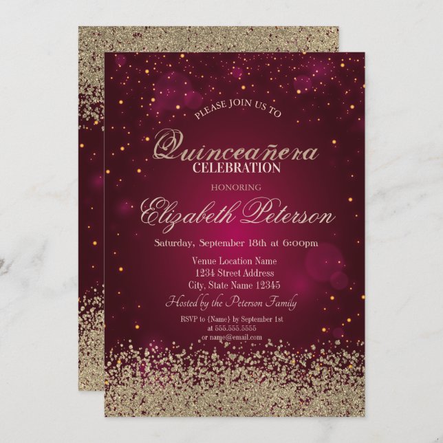 Invitation Moderne Faux Gold Diamonds Confetti Red Quinceañer (Devant / Derrière)