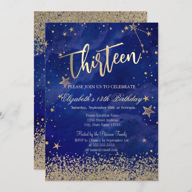 Invitation Moderne Faux Gold Diamonds Etoiles Bleu Treize (Devant / Derrière)