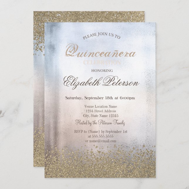 Invitation Moderne Faux Gold Diamonds Métallurgique Quinceañe (Devant / Derrière)