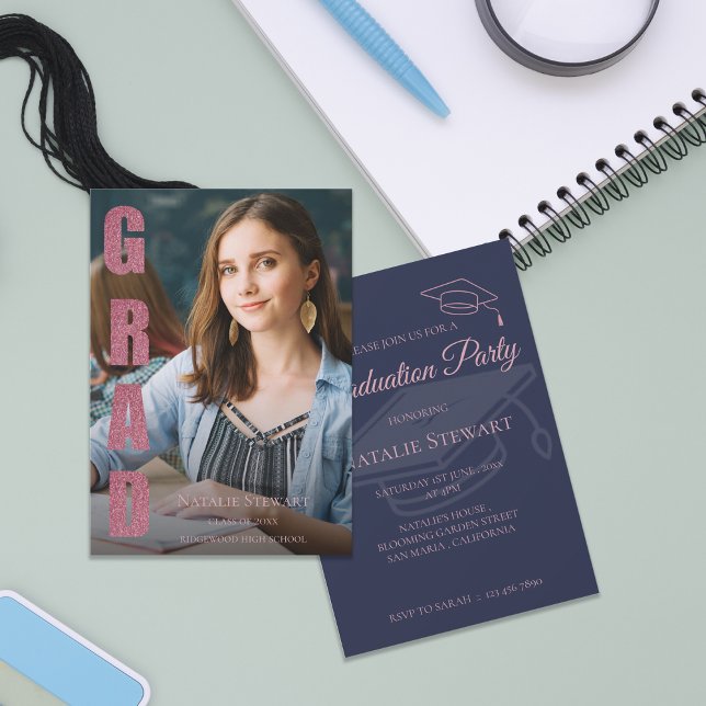 Invitation Moderne Faux Rose Gold GRAD Photo Graduation (Modern Faux Rose Gold GRAD Photo Class of 2026 Senior Graduation Party Invitation )