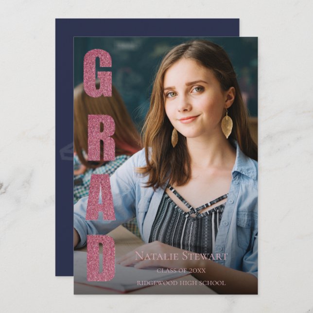 Invitation Moderne Faux Rose Gold GRAD Photo Graduation (Devant / Derrière)