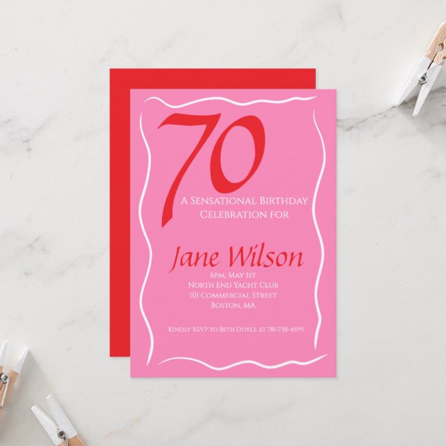 Invitation Moderne Féminin Rose Rouge 70e Anniversaire  (Devant/Arrière en situation)