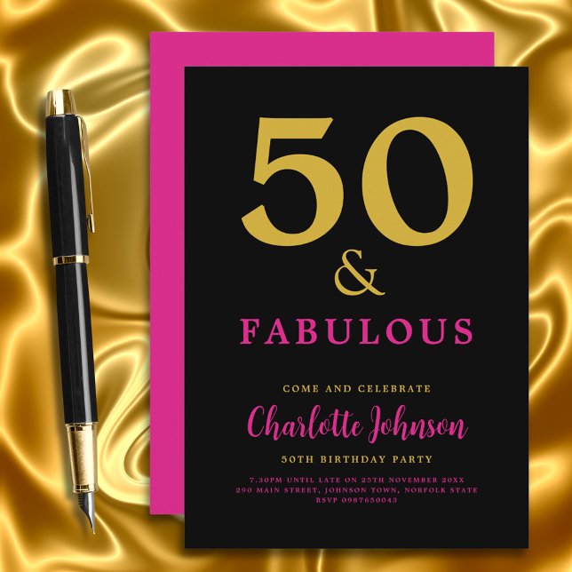 Invitation Moderne Fête d'Anniversaire de 50 ans Élégante Ros (Stylish modern 50 and fabulous pink black and gold 50th birthday invitation)