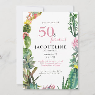 Invitation Moderne fête d'anniversaire de cactus 50 ans et fa