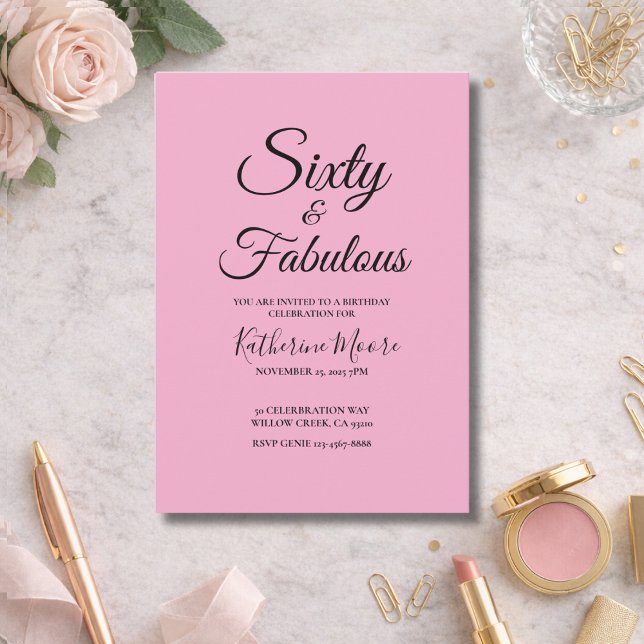 Invitation Moderne fête d'anniversaire rose 60 ans et fabuleu (Créateur téléchargé)