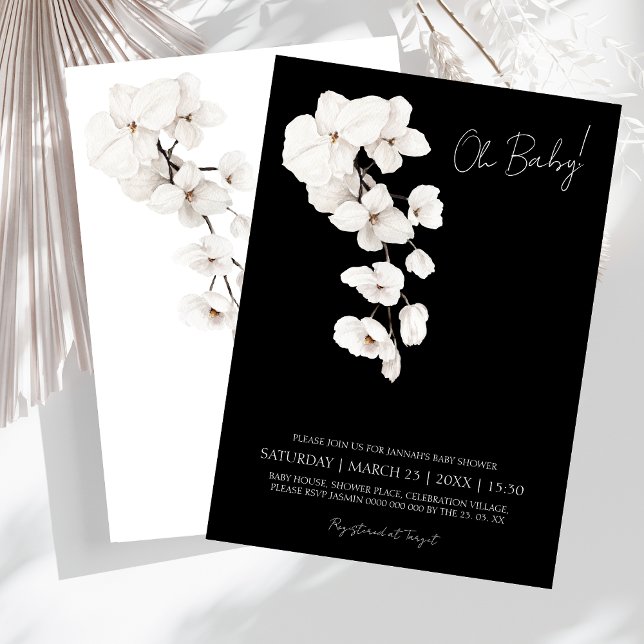 Invitation Moderne Fête de Bébé Orchidée Noir Blanc Oh Bébé (Oh Baby! Modern Black and White Orchids Flowers Baby Shower Invitation)