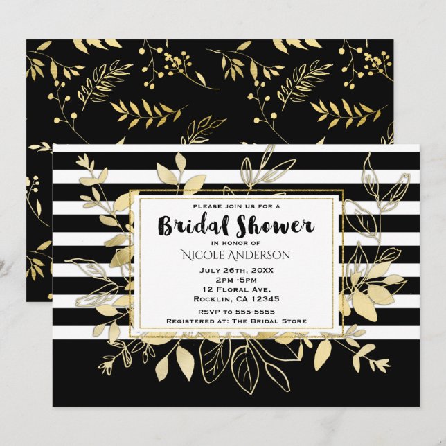 Invitation Moderne Fête de Mariage Botanique Luxeuse Noir Or (Devant / Derrière)