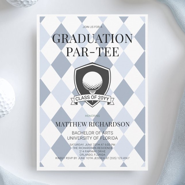 Invitation Moderne Fête de Remise de Diplôme de Golf de Style (Modern Blue Black Stylish Golf Graduation Party Invitation)