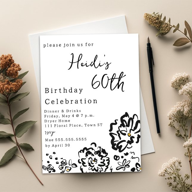 Invitation Moderne Fleur simple noir et blanc 60e anniversair (Modern Simple Black and White Flower 60th Birthday Invitation)