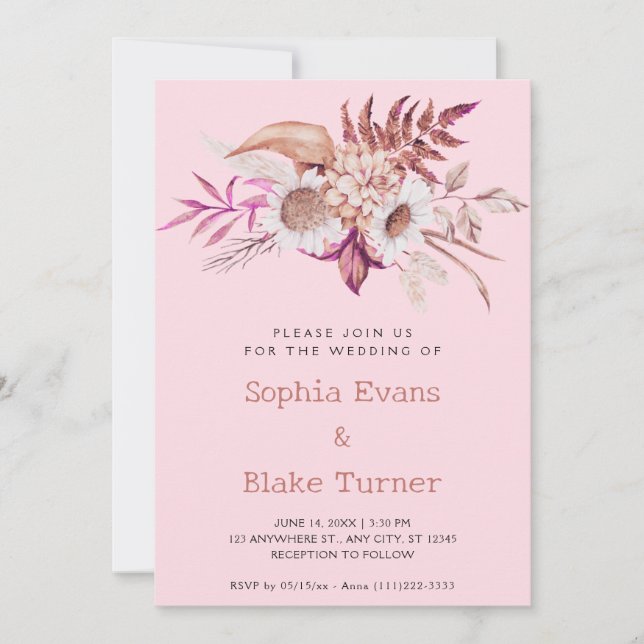 Invitation Moderne Fleurs Botaniques de Campagne Rose Pâle po (Devant)