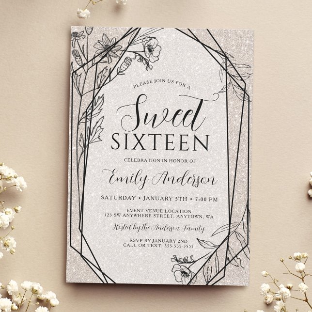 Invitation Moderne Fleurs Champagne Paillettes Douce 16 (Créateur téléchargé)