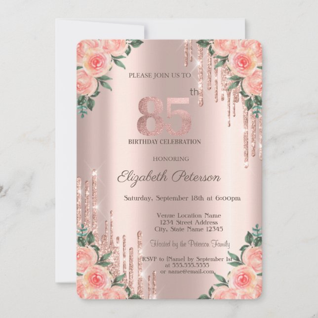 Invitation Moderne Fleurs de Glitter Drips Or Rose 85ème  (Devant)