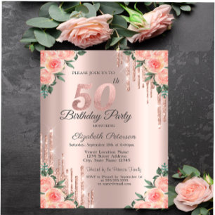 Invitation Moderne Fleurs Dégoulinantes de Paillettes Rose Do